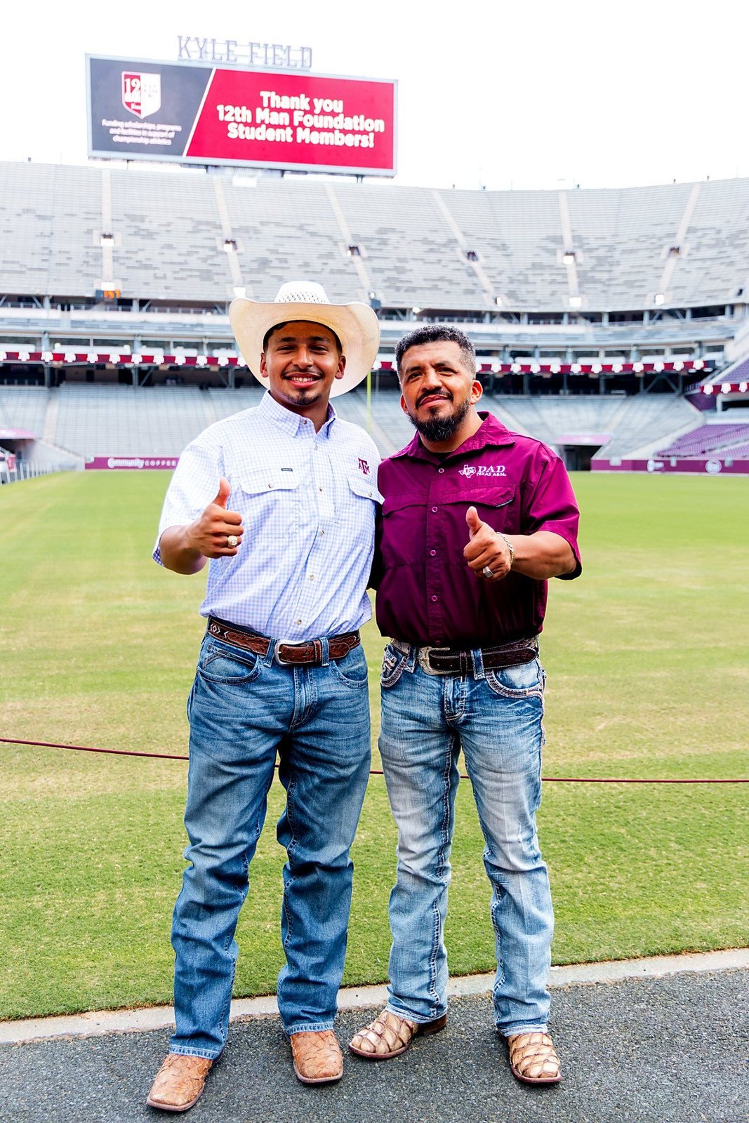 Ryan Arvizu, left, and Fernando Arvizu, right, of Arvizu Crew Landscaping at Kyle Field, Texas A&M University