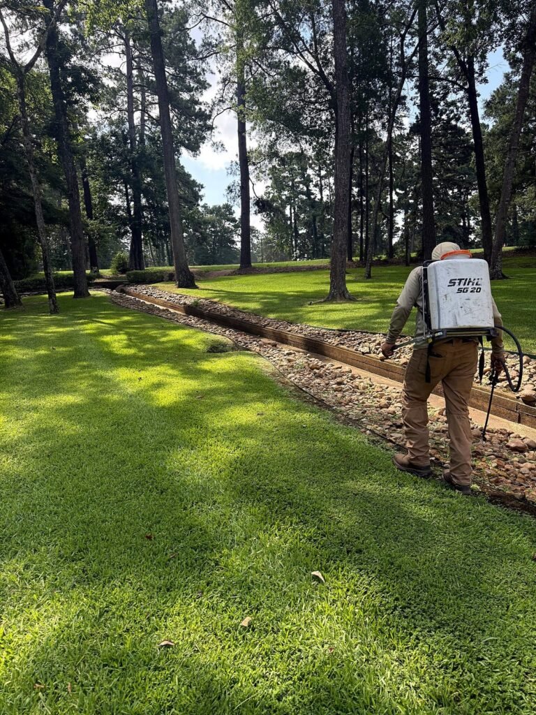 Arvizu Crew technician applying treatment with a STIHL backpack sprayer along a rock-lined border